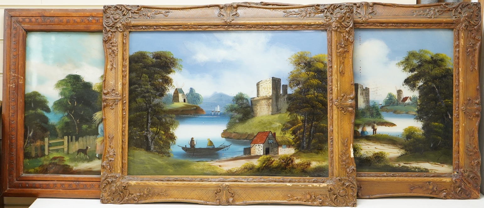 Victorian school, three reverse glass painted panels, Riverscapes, 41 x 56cm